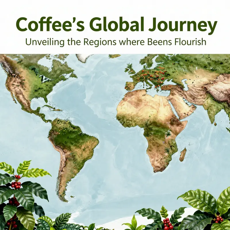 An illustrated map of the Coffee Belt, indicating major coffee-growing regions worldwide.