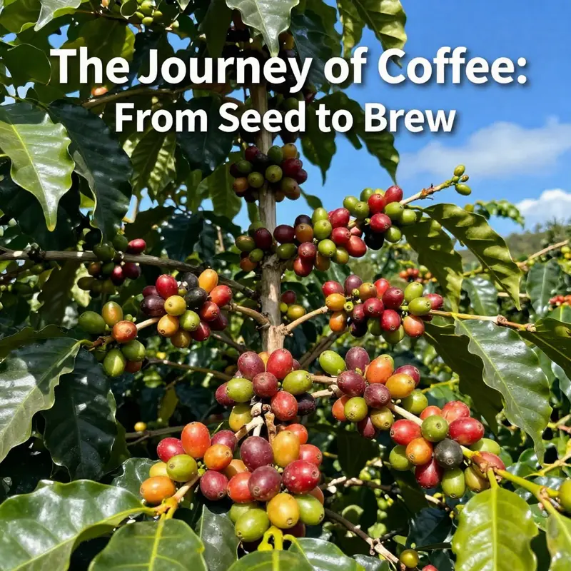 Coffee cherries growing on the plant, ready for harvest.