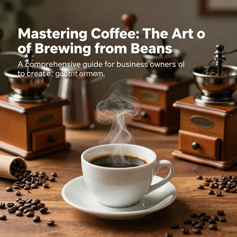 An inviting coffee scene with a cup, beans, and preparation tools, depicting the journey of making coffee from beans.