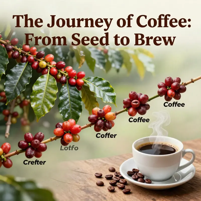 An illustrative overview of the coffee production process displaying coffee cherries, processing steps, roasting, and brewed coffee.