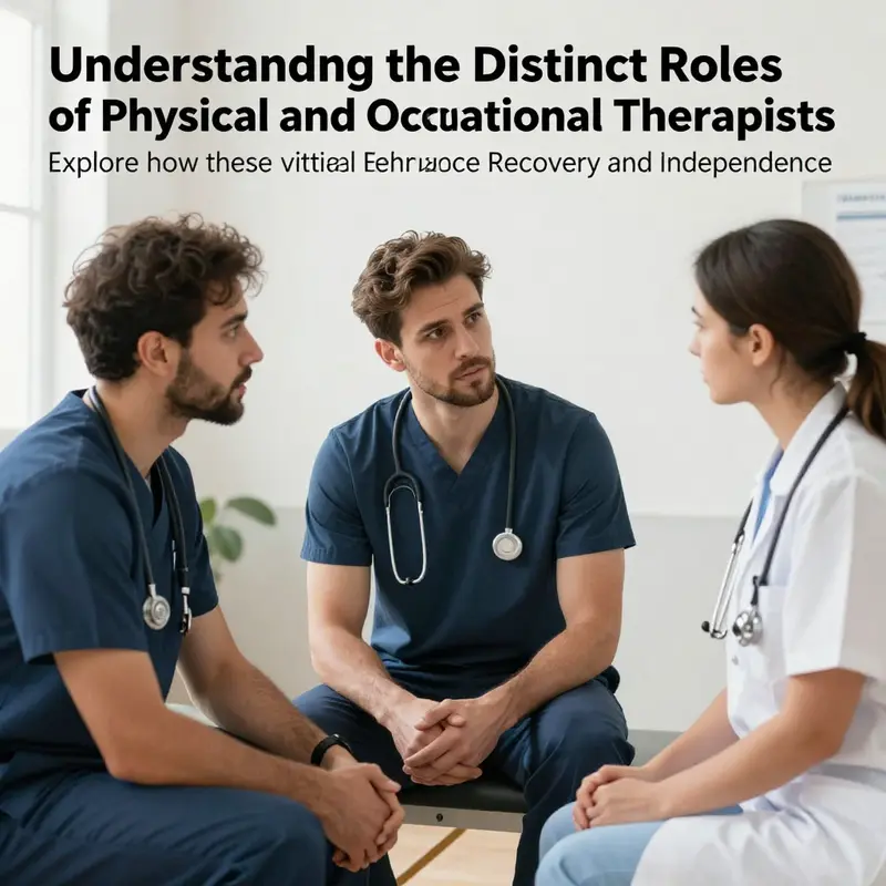 An illustration showing a physical therapist and an occupational therapist working together on a patient care plan.