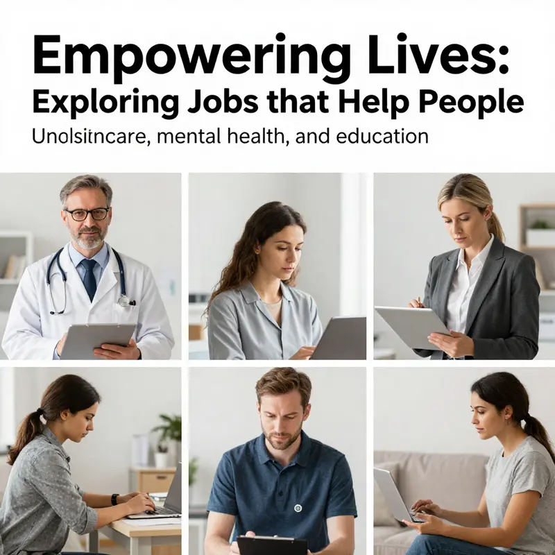 A collage depicting healthcare professionals, mental health counselors, and teachers engaged in their work.