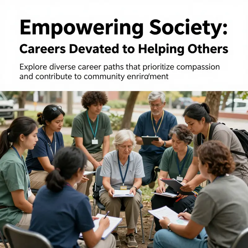 A lively depiction of different helping professions engaging with community members in a supportive environment.