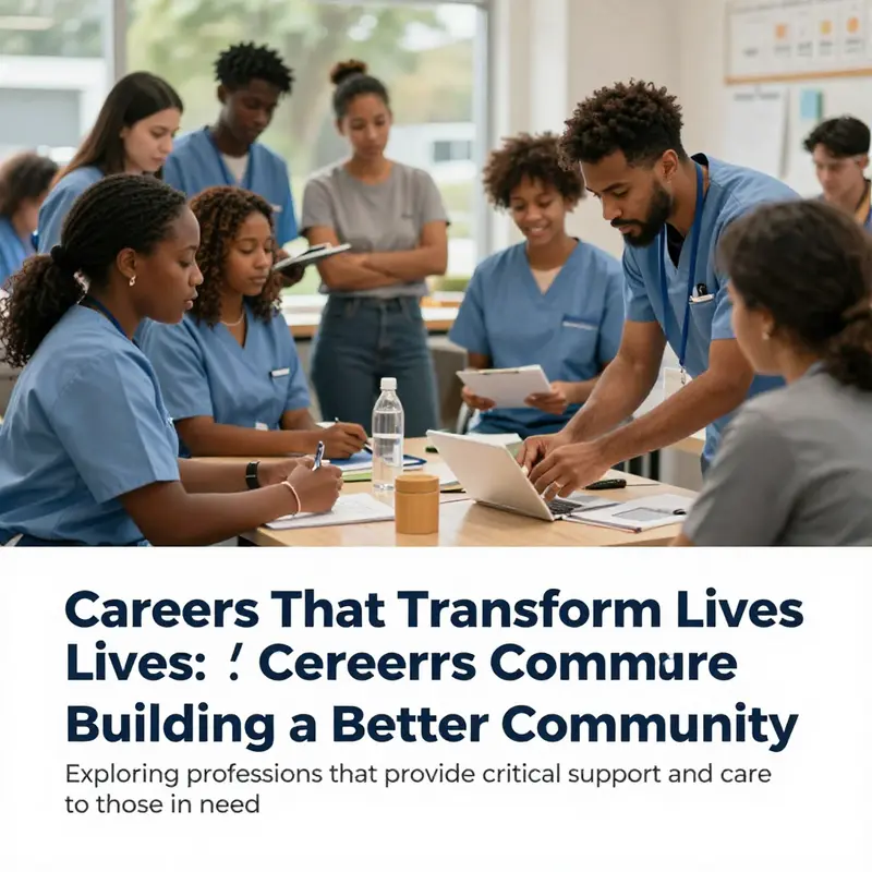 A diverse group of professionals, including a home health aide, paramedic, and counselor, collaborating to assist individuals in need.