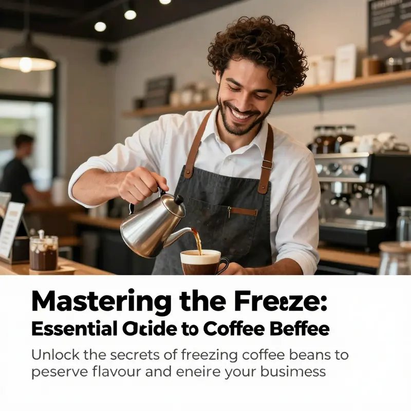 A vibrant café scene with a barista engaging customers, showcasing coffee freshness and quality.