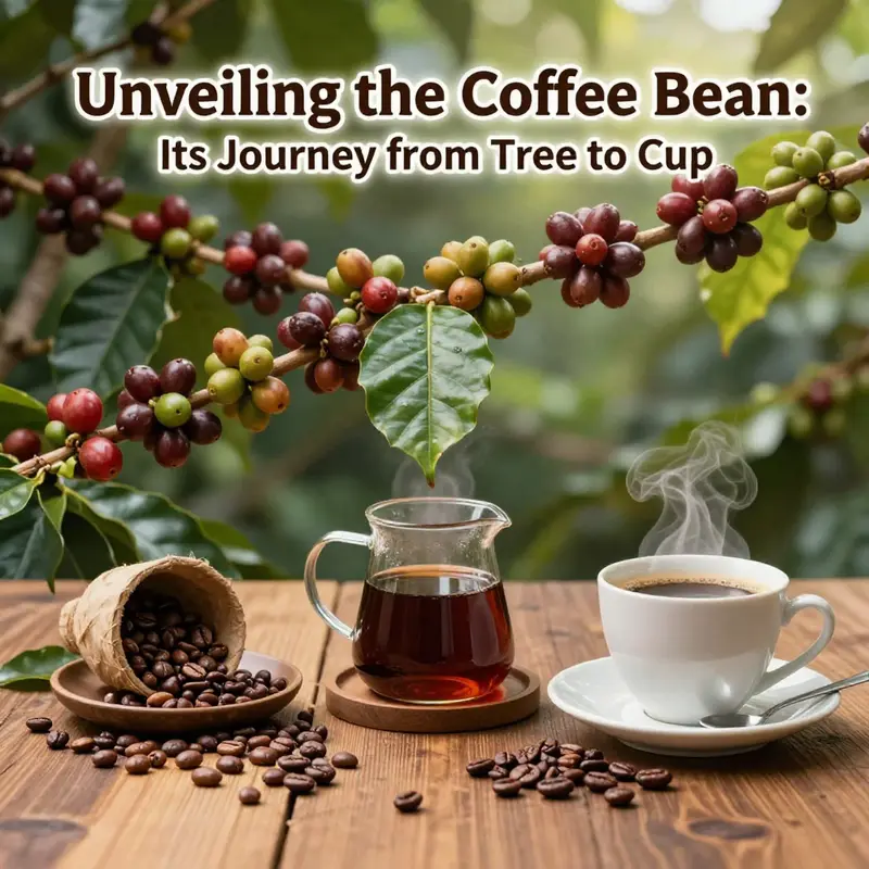 An artistic depiction of various coffee bean types and brewing techniques, showcasing the journey of coffee.