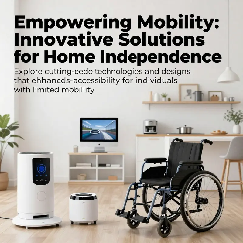 A collage of solutions for home independence, including smart home devices, adaptive kitchens, wearable technologies, and modern furniture.