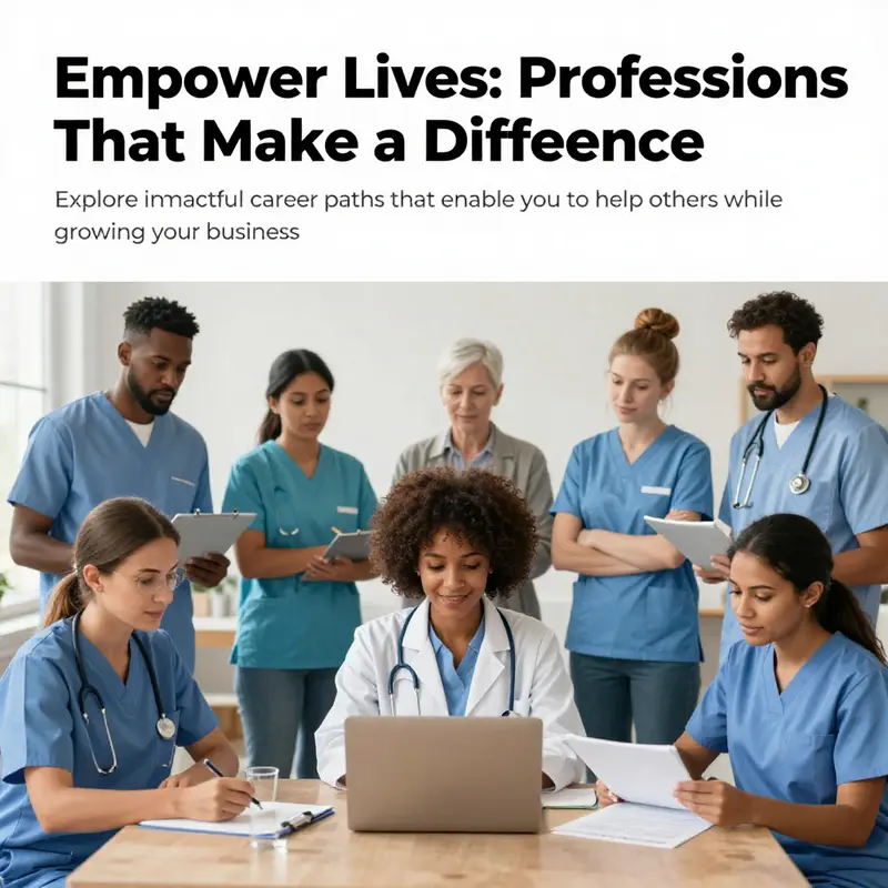 A group of professionals from various fields, each engaged in helping others and symbolizing community impact.