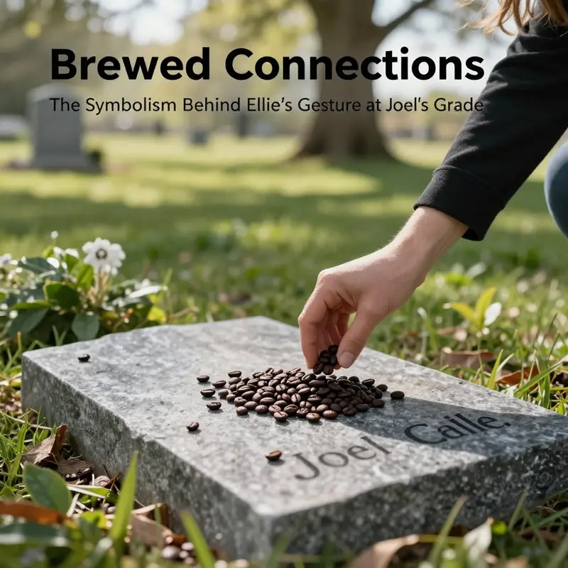 A grave adorned with coffee beans, symbolizing remembrance, framed by serene greenery and gentle sunlight.