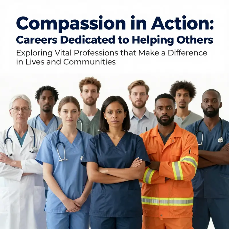 A diverse lineup of professionals dedicated to helping others, representing unity in service across different fields.