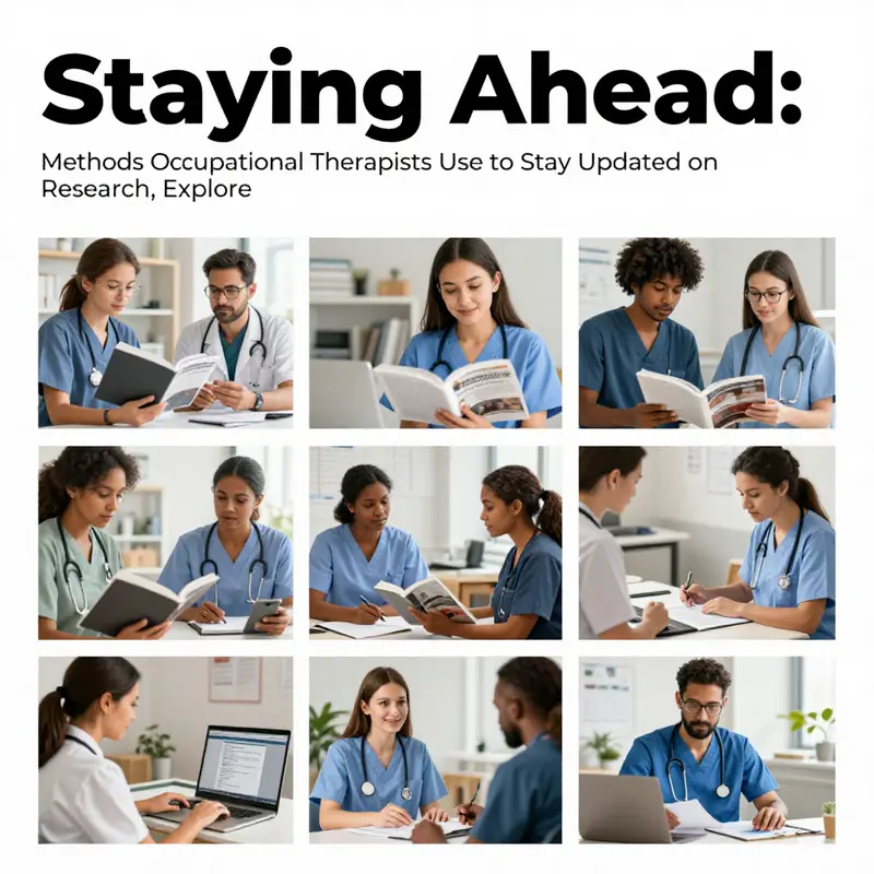A collage showcasing occupational therapists engaging in various learning methods, highlighting their commitment to ongoing education and research.