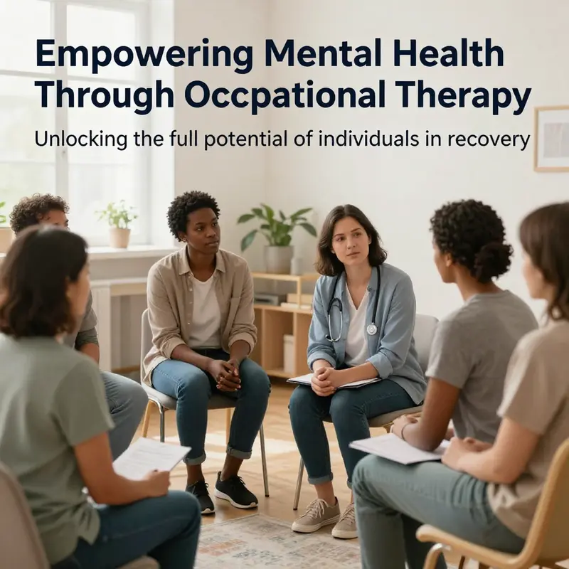 A diverse group of clients receiving support from an occupational therapist in a warm therapy space focused on mental health.