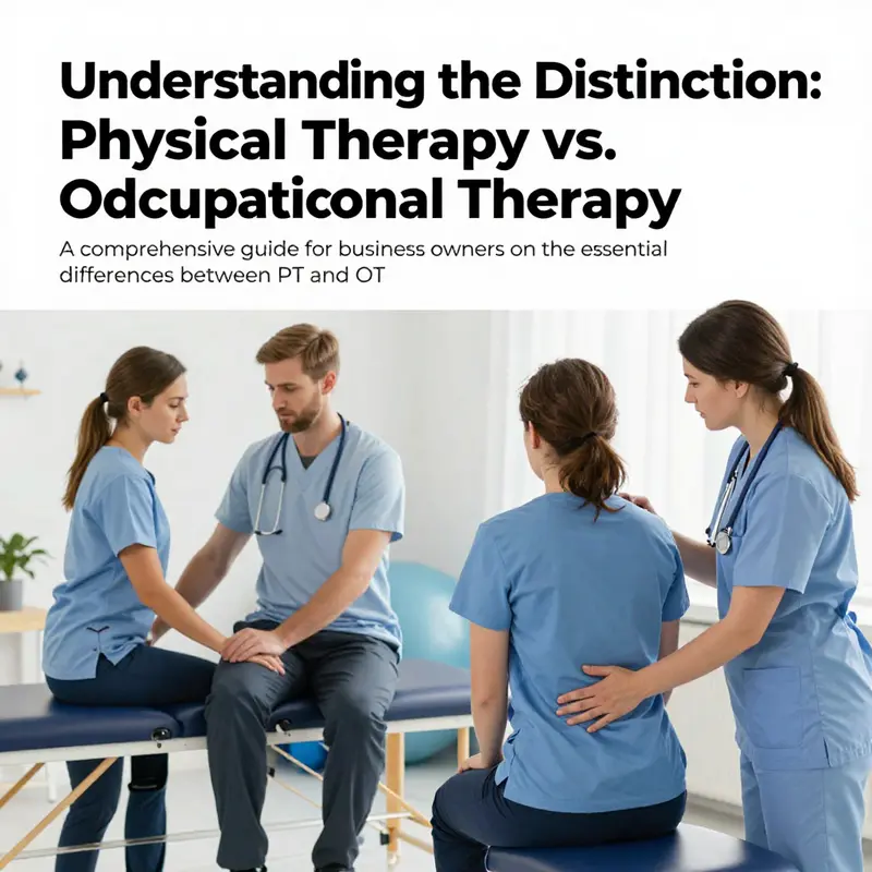A professional scene showing both physical and occupational therapy, including therapists assisting patients to demonstrate their different contributions to rehabilitation.