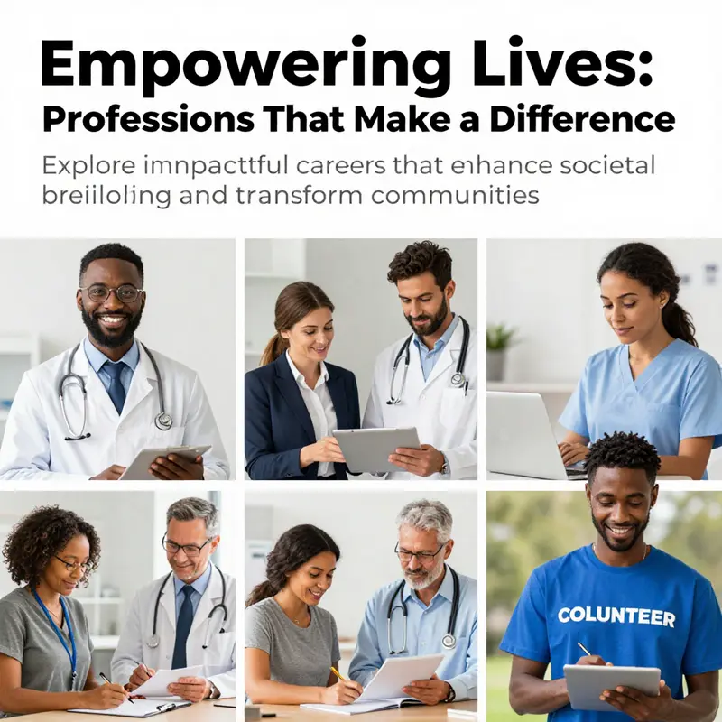 A vibrant collage showcasing a doctor, a teacher, and a community volunteer, illustrating the compassion and dedication of professions that help others.