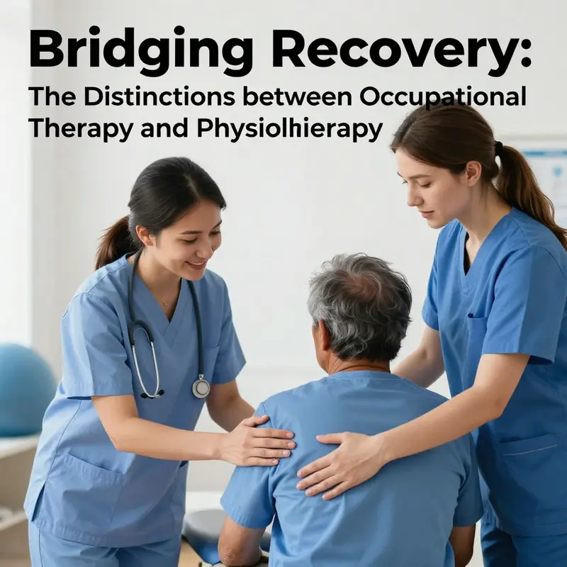 An occupational therapist and physiotherapist engaged with a patient, symbolizing collaboration and integrated approaches in rehabilitation.