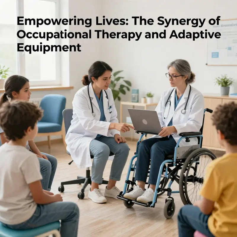A therapist demonstrating adaptive equipment with diverse patients, symbolizing empowerment through occupational therapy.