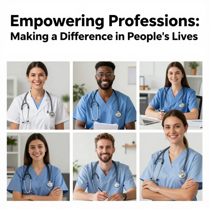 A collage illustrating different helping professions aiming to support and empower individuals and communities.