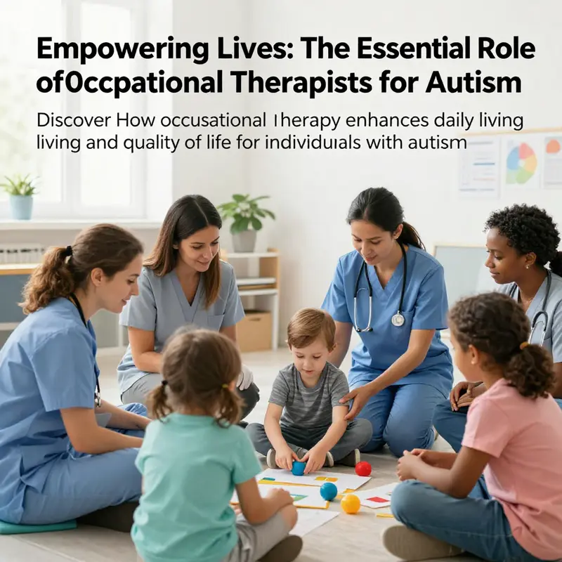 A diverse group of occupational therapists working with individuals with autism, highlighting engagement and therapeutic activities.
