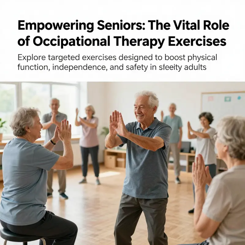 An inclusive scene depicting seniors involved in occupational therapy exercises that enhance their mobility, strength, and cognitive abilities.