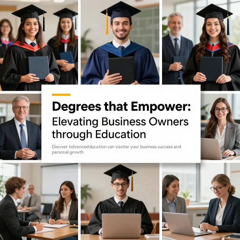 A collage of educational icons representing different degrees that empower business owners.