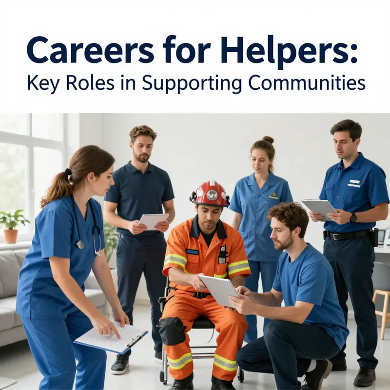 Different professionals in their fields, including a home health aide, personal trainer, paramedic, rehabilitation specialist, and dispatcher helping people in need.