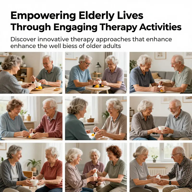 Collage of elderly individuals engaging in gardening, arts and crafts, games, and dance therapy.