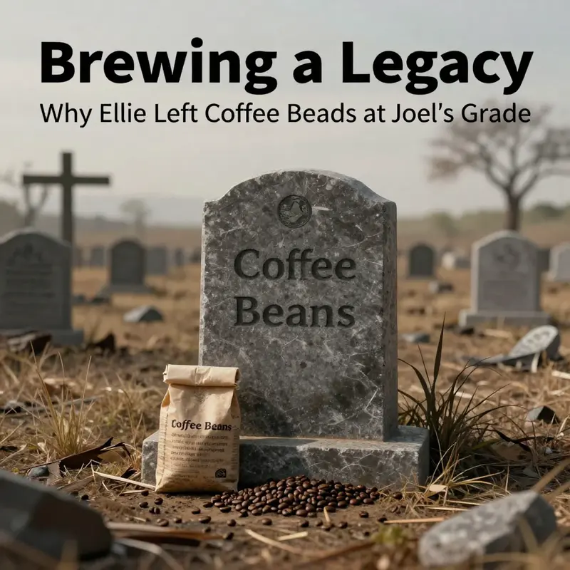 Ellie leaves coffee beans at Joel’s grave, embodying their bond and shared experiences.