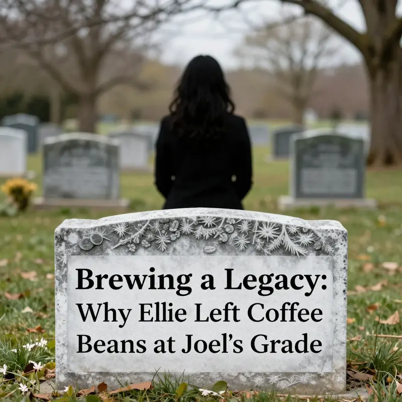 Ellie leaves coffee beans at Joel’s grave, embodying their bond and shared experiences.