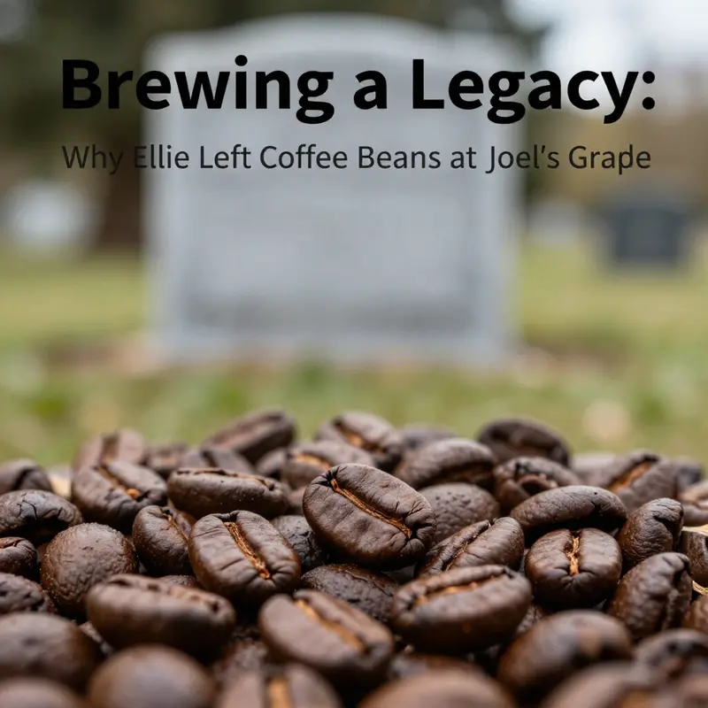 Ellie leaves coffee beans at Joel’s grave, embodying their bond and shared experiences.