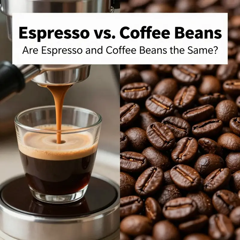 Visual representation of espresso brewing versus raw coffee beans.