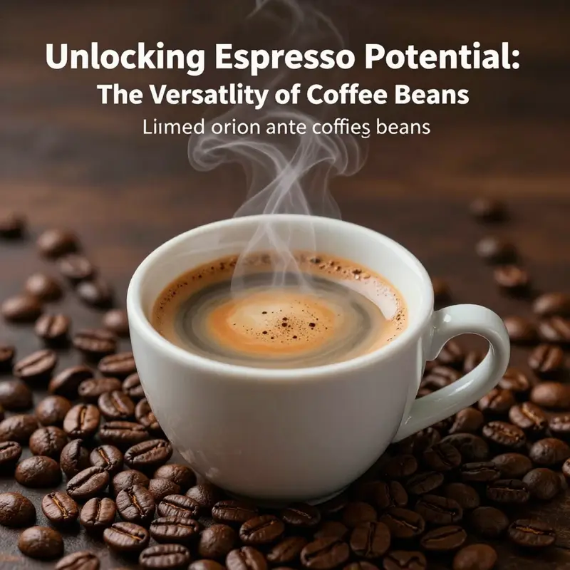 A steaming cup of espresso with a well-defined crema, surrounded by an array of coffee beans highlighting diversity in espresso making.