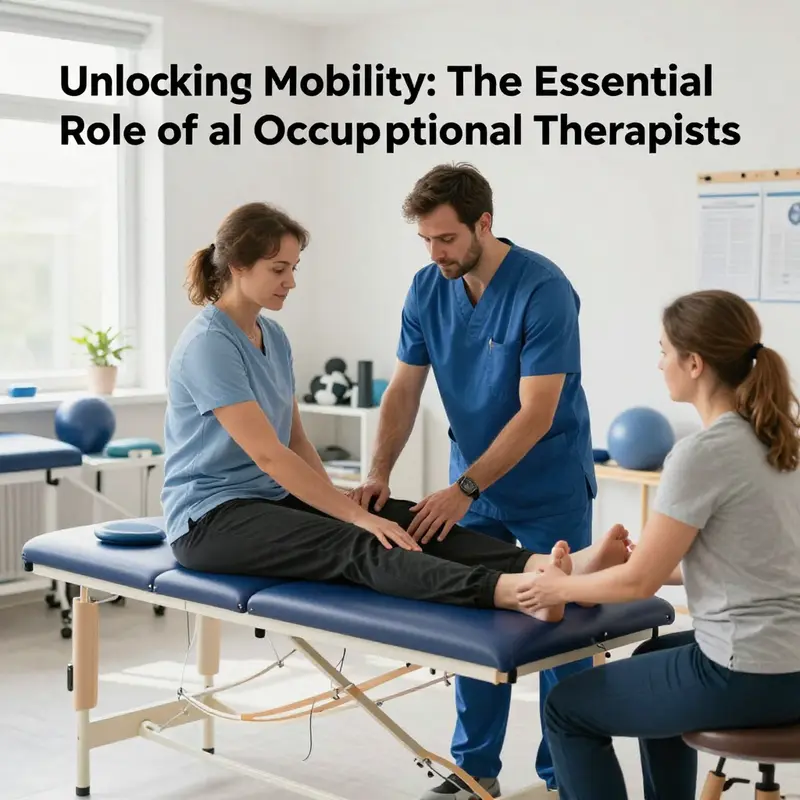 A physical occupational therapist assisting patients in a modern rehabilitation facility filled with therapy equipment.