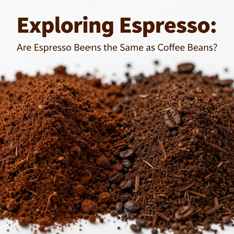 Comparative view of light-roasted coffee beans and dark-roasted espresso beans, highlighting differences in roast levels.
