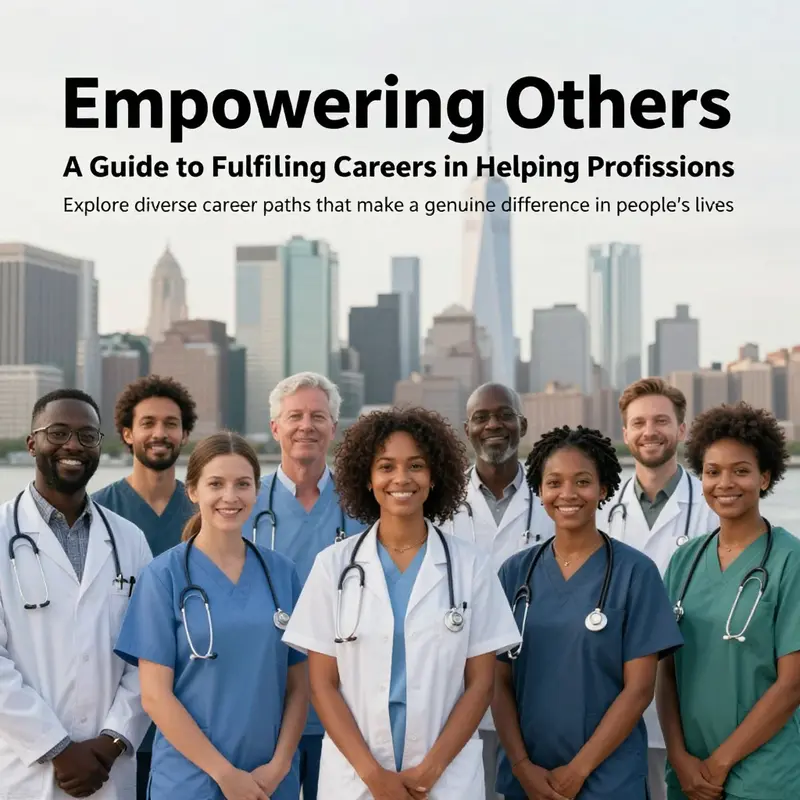 A diverse group of professionals standing together in front of a city skyline, representing different helping careers.
