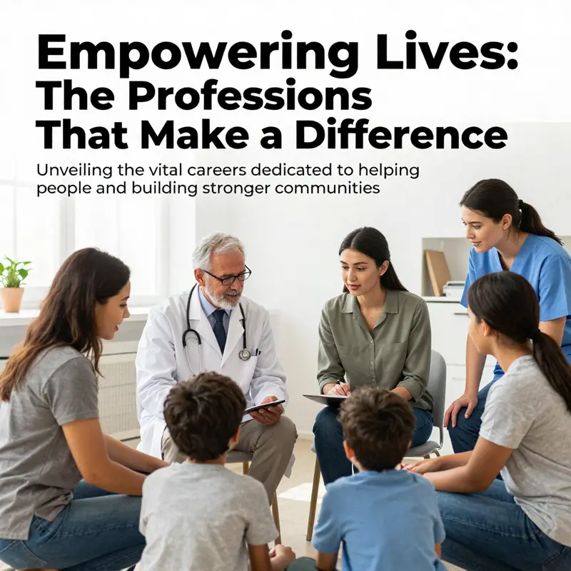 A compilation of professionals from different fields helping people, including social workers, healthcare providers, teachers, and community service workers.