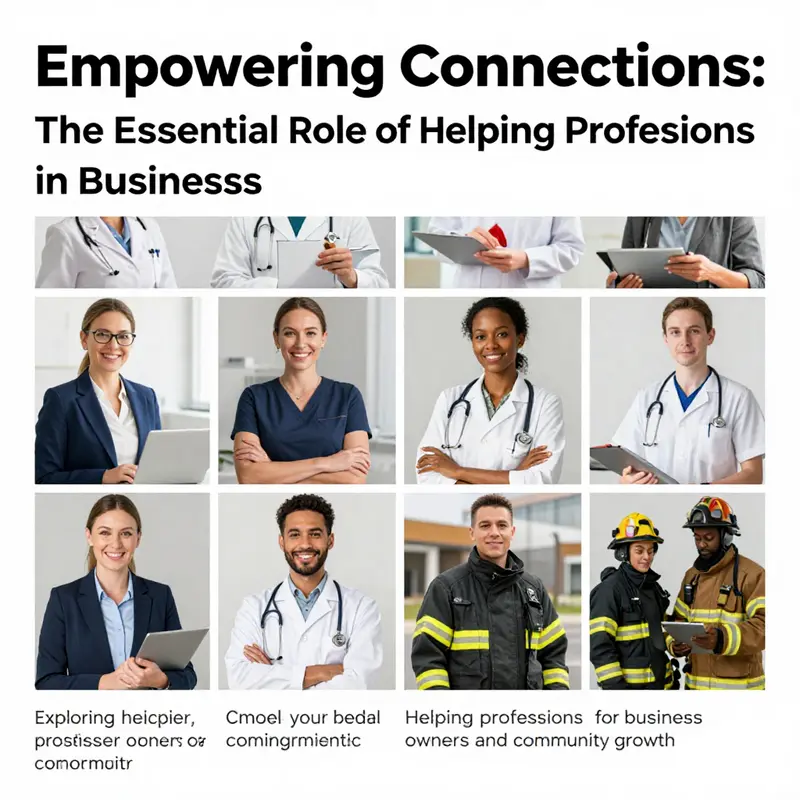 A collage showing diverse helping professions including counseling, teaching, social work, healthcare, and public safety roles.