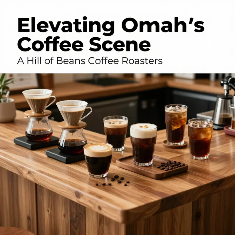 The inviting storefront of A Hill of Beans Coffee Roasters, bustling with customers in West Omaha.