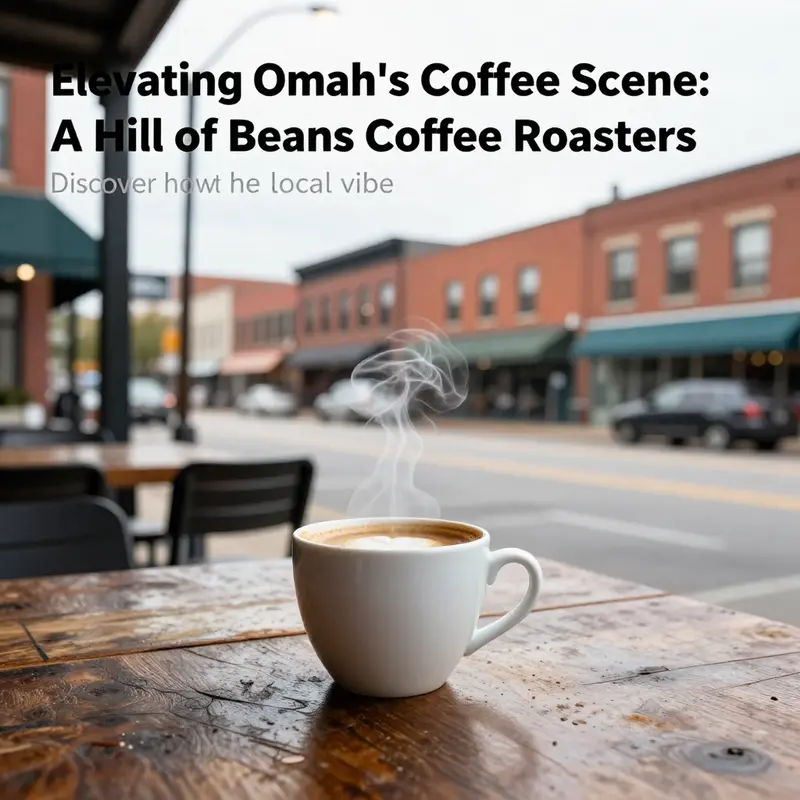 A visually appealing shot of a coffee cup on a table outside A Hill of Beans Coffee Roasters with urban scenery in the background.