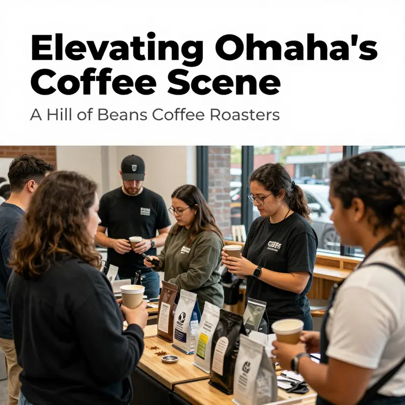 The inviting storefront of A Hill of Beans Coffee Roasters, bustling with customers in West Omaha.