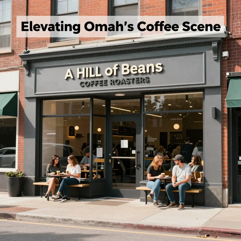 The inviting storefront of A Hill of Beans Coffee Roasters, bustling with customers in West Omaha.