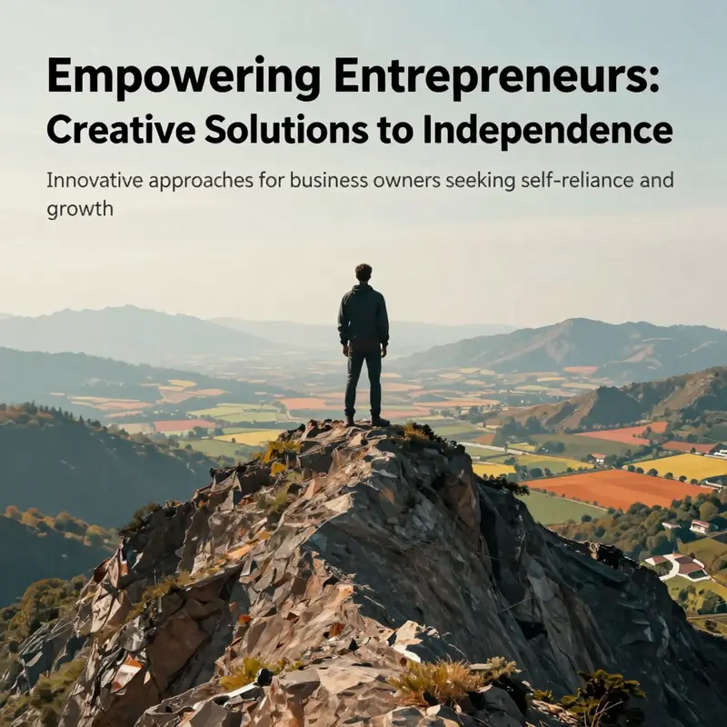 A figure standing on a mountain summit, symbolizing independence and entrepreneurial success.