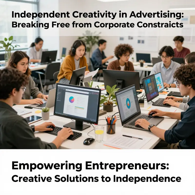 Creative professionals collaborating on innovative advertising strategies free from corporate constraints.