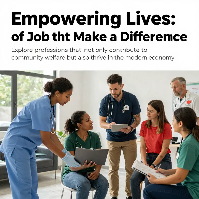 A diverse group of professionals, including a health aide, personal trainer, EMT, and community support staff united in their mission to help others.