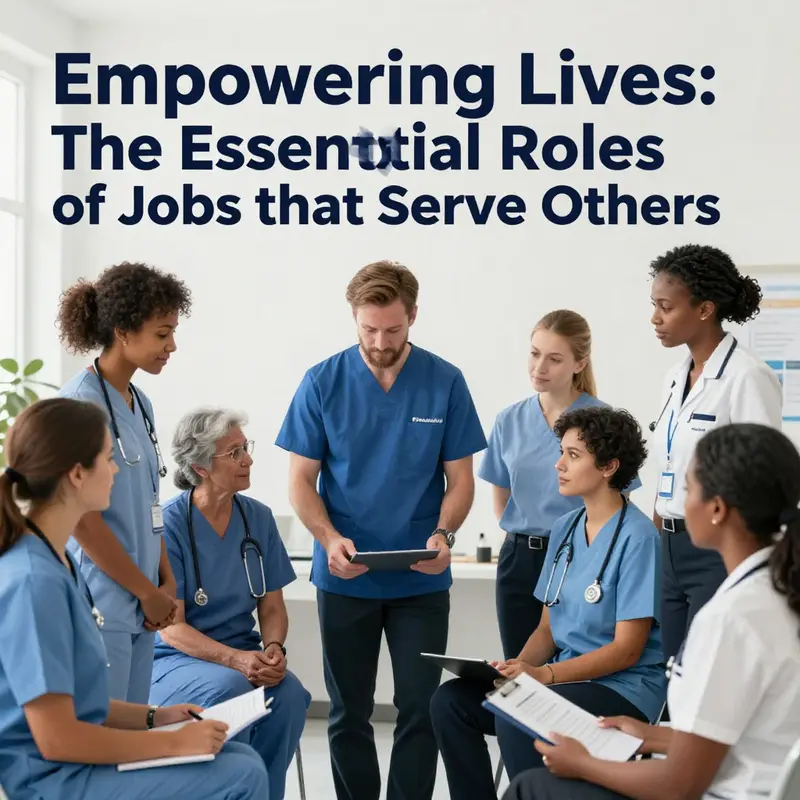 A diverse group of professionals in roles that serve others, representing community care.