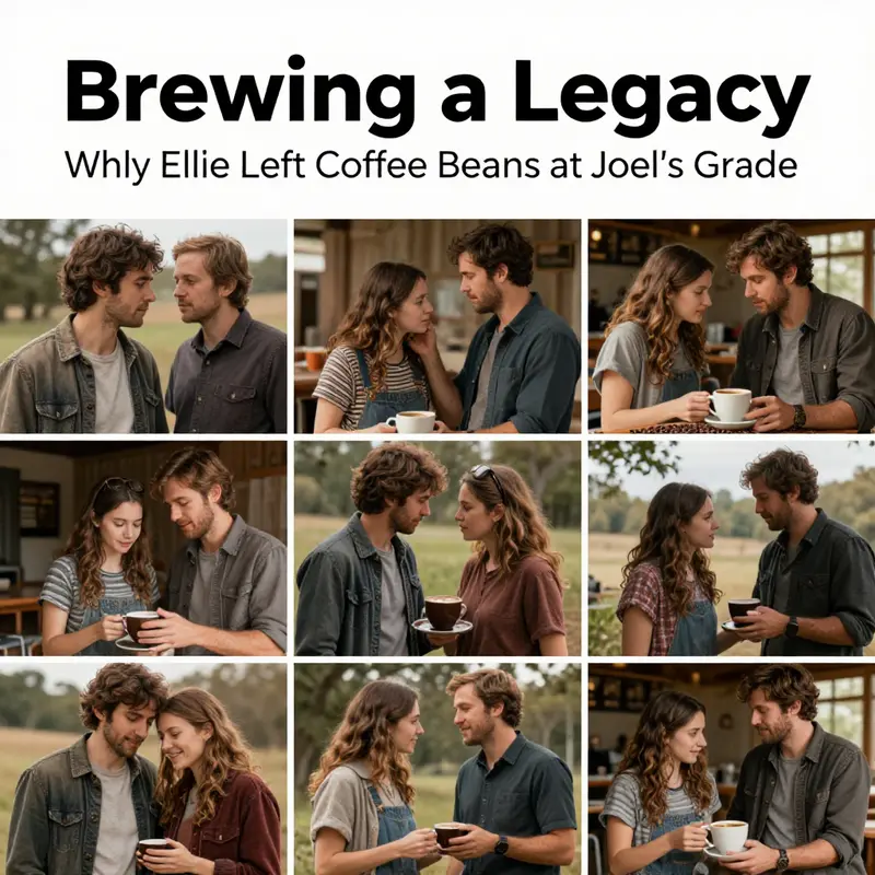 Ellie leaves coffee beans at Joel’s grave, embodying their bond and shared experiences.