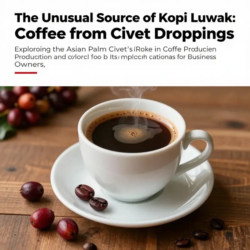 A cup of Kopi Luwak coffee on a wooden table, with raw coffee cherries illustrating its source.