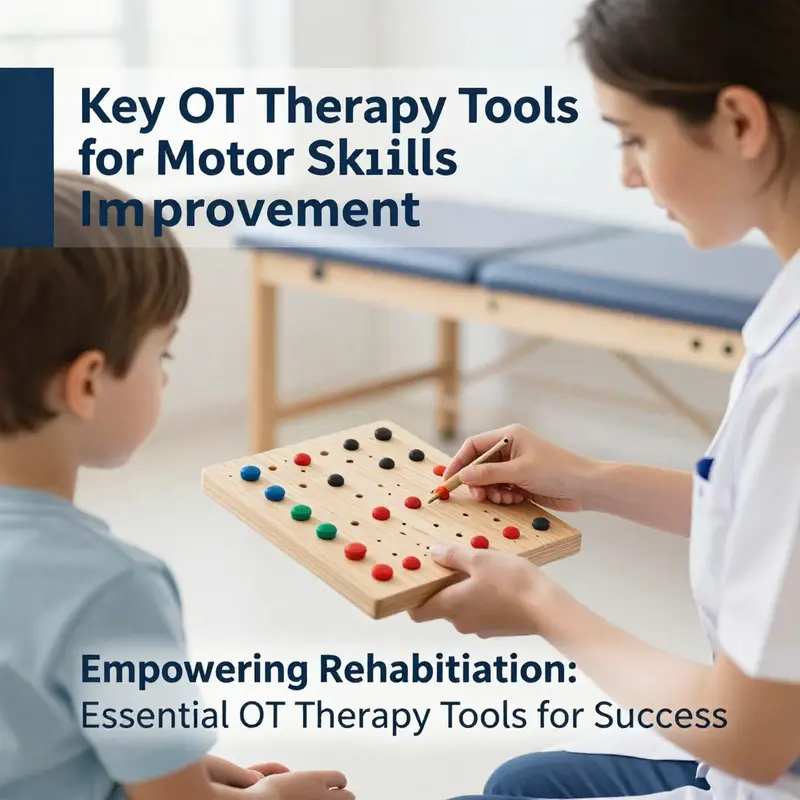 A therapist guides a patient using a wooden pegboard to enhance fine motor skills.