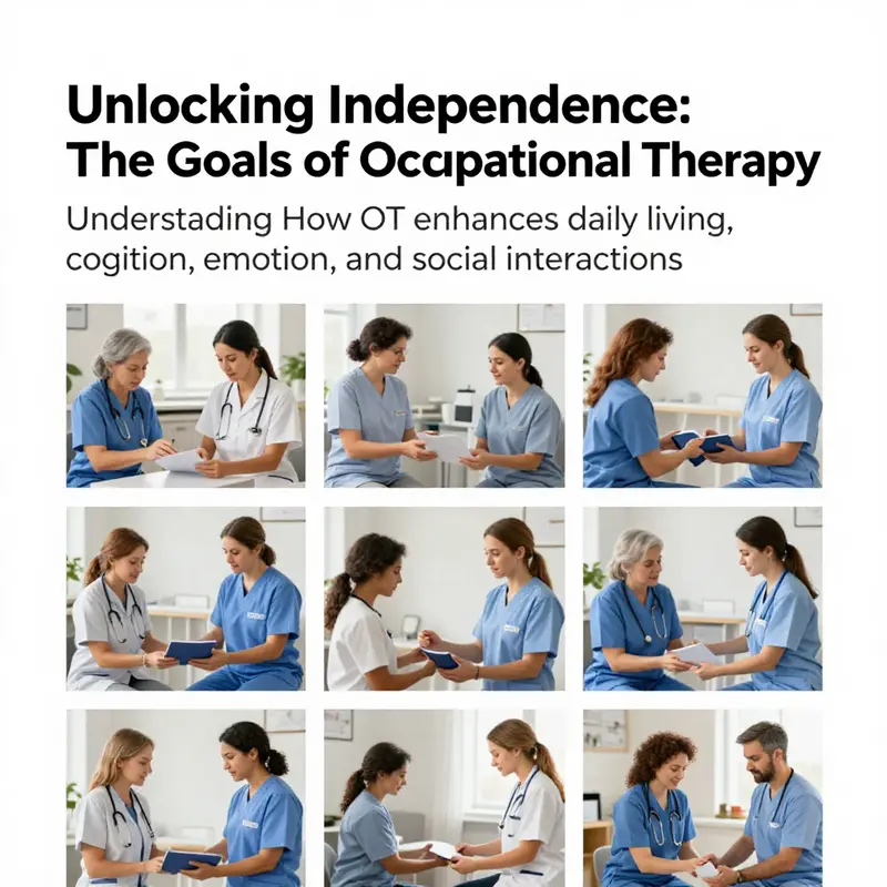 Collage of occupational therapists assisting individuals in various settings including home rehabilitation, cognitive training, and social activities.