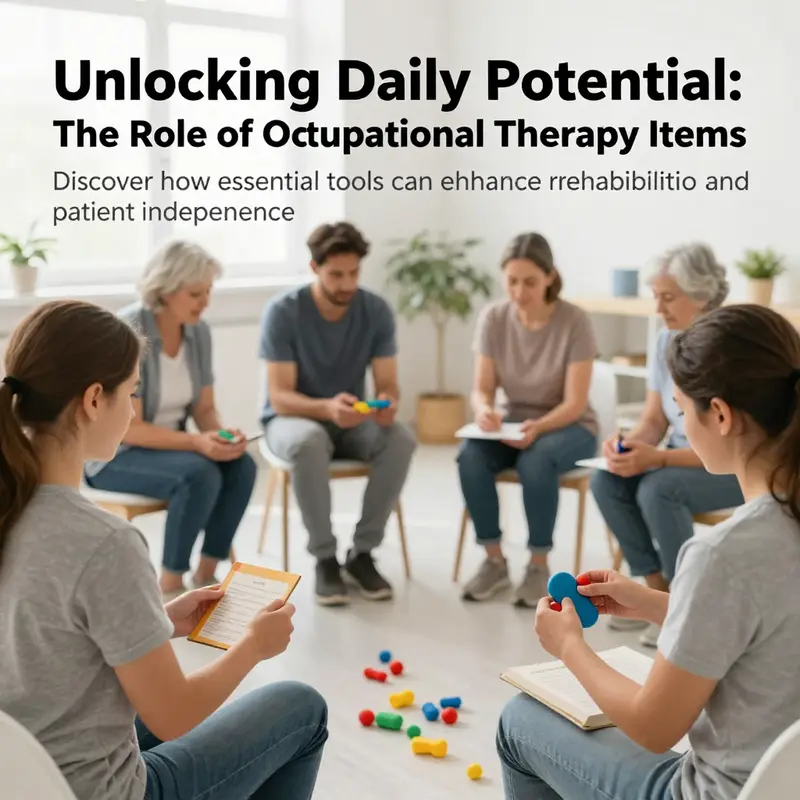 A group of patients participating in therapy using different occupational therapy items, showcasing collaboration and support in rehabilitation.