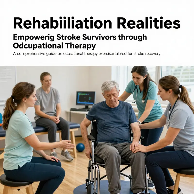 Illustration of various occupational therapy methods in a rehab setting for stroke survivors.